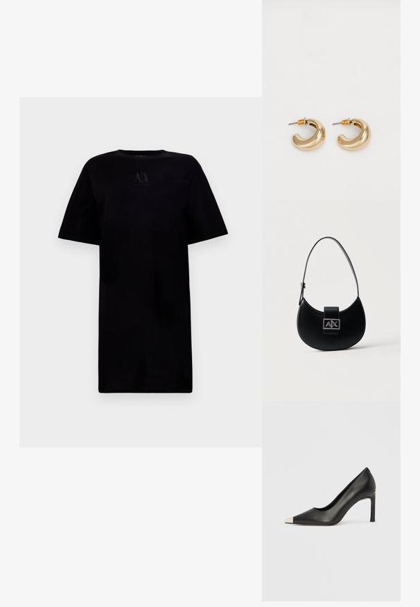 T-shirt noir à col rond et manches courtes, avec un détail de logo sur la poitrine. Fabriqué en tissu doux avec une coupe décontractée.; Chaussure à talon haut en cuir noir avec bout pointu et capuchon argenté métallique. Présente une finition lisse et un talon fin de 10 cm.; Sac à main noir en forme de croissant avec une seule bandoulière réglable et un fermoir logo A|X argenté sur le rabat avant.; Deux boucles d'oreilles en forme de cerceau en or brillant, avec un design courbé, présentant des accents orange près de la tige, sur fond blanc uni.