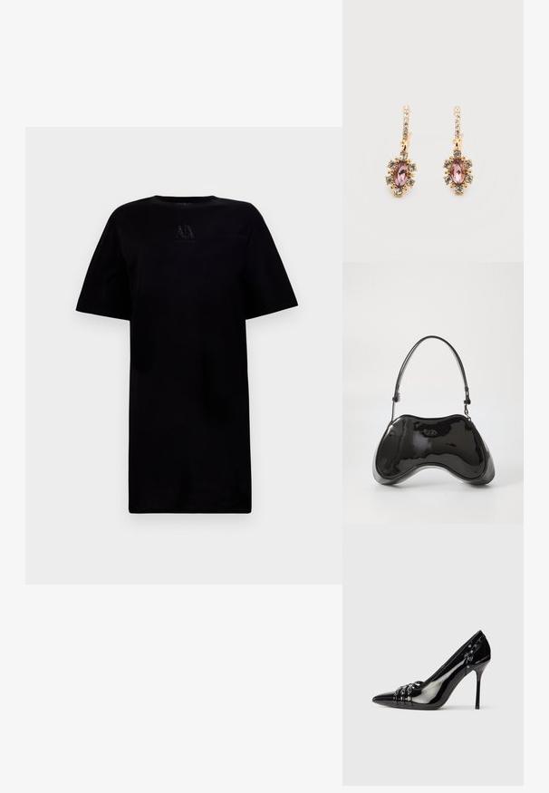 T-shirt noir à col rond et manches courtes, avec un détail de logo sur la poitrine. Fabriqué en tissu doux avec une coupe décontractée.; Chaussure à talon aiguille en cuir verni noir avec bout pointu, trois lanières décoratives avec clous, et logo "Karl Lagerfeld" sur le talon.; Sac à main en cuir verni noir avec une forme incurvée unique, une anse courte et ajustable, et une fermeture zippée. Texture lisse avec un branding discret.; Boucles d'oreilles goutte en or avec des pierres centrales roses allongées entourées de petits cristaux clairs, ainsi que des cristaux clairs le long des crochets.