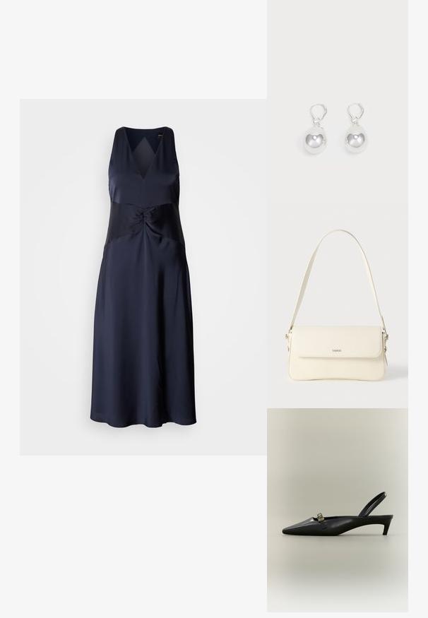 Navyblauw mouwloos satijnen jurk met een V-halslijn, gedraaide taille-detail en vloeiende A-lijn silhouet. Gladde, glanzende textuur.; Zwarte lederen slingback kitten heel met puntige neus en klein gouden gespsluiting op een effen achtergrond.; Schoudertas van crèmegekleurd leer met een klepafsluiting, zilverkleurige hardware, een enkele verstelbare riem en subtiele logodetails.; Zilveren druppeloorbellen met gladde, ronde, reflecterende oppervlakken die hangen aan klapring-sluitingen. Achtergrond is puur wit.