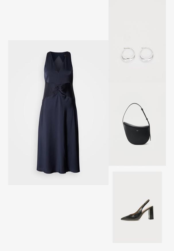Navy-blaues ärmelloses Kleid aus Satin mit V-Ausschnitt, gedrehtem Oberteil und fließender A-Linie-Silhouette. Glatte, glänzende Textur.; Schwarzer Leder-Damenslingback-Pumps mit spitzer Zehenpartie und dickem hohem Blockabsatz auf weißem Hintergrund.; Schwarze halbmondförmige Lederschultertasche mit verstellbarem Schulterriemen und goldenem "BOSS"-Logo mittig vorne.; Silberne Creolen mit glänzender Oberfläche und DKNY-Logo, vor einem schlichten weißen Hintergrund präsentiert.