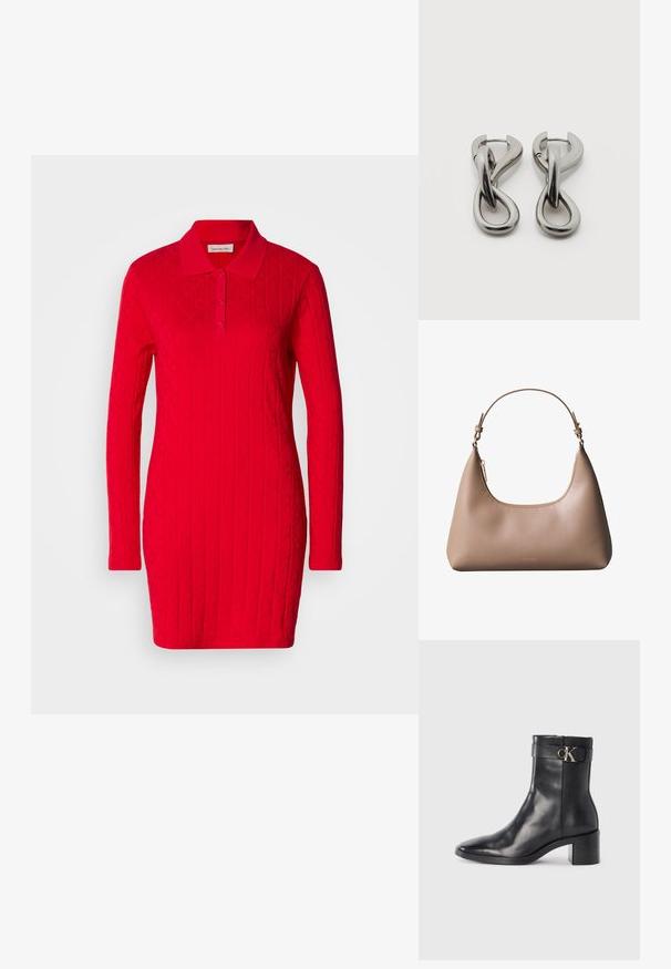Vestido polo rojo con mangas largas, patrón texturizado que presenta diamantes y corazones en relieve, y un collar clásico con cierre de botones.; Bota de tobillo de cuero negra con punta afilada, tacón cuadrado y una correa con un detalle de logo metálico. Textura suave y diseño minimalista.; Bolso de hombro de cuero beige con asa corta, cremallera superior curvada y logotipo minimalista de Calvin Klein en el frente.; Par de pendientes de metal con acabado plateado y diseño abstracto de bucles entrelazados sobre un fondo blanco.