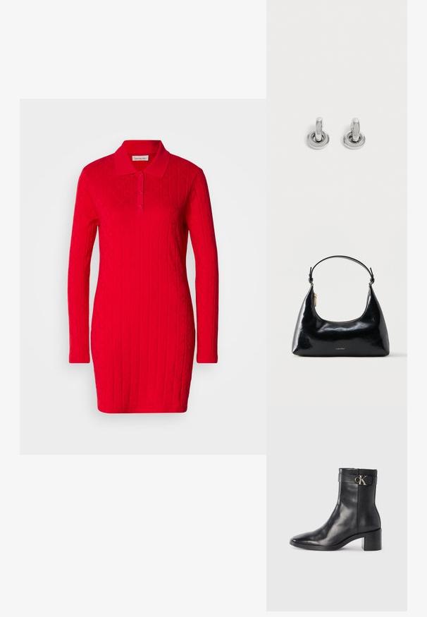Vestido polo rojo con mangas largas, patrón texturizado que presenta diamantes y corazones en relieve, y un collar clásico con cierre de botones.; Bota de tobillo de cuero negra con punta afilada, tacón cuadrado y una correa con un detalle de logo metálico. Textura suave y diseño minimalista.; Bolso negro brillante de Calvin Klein con cremallera dorada y correa corta sobre un fondo blanco liso.; Par de pequeños pendientes de aro plateados brillantes con base redonda, exhibidos sobre un fondo claro y liso.