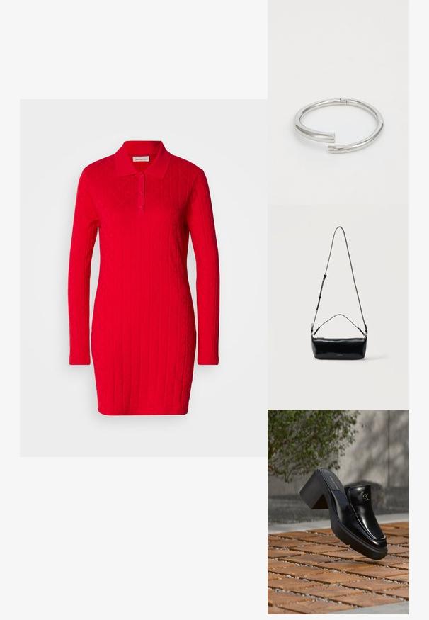 Vestido polo rojo con mangas largas, patrón texturizado que presenta diamantes y corazones en relieve, y un collar clásico con cierre de botones.; Mule tipo slip-on de cuero negro de Calvin Klein con tacón de bloque descansando sobre baldosas de madera al aire libre cerca de una planta verde y una pared gris.; Bolso cruzado rectangular de cuero negro con correa de hombro ajustable, cremallera superior y pequeño logo dorado de Calvin Klein en el frente.; Calvin Klein SPIRAL - Pulsera - silver-coloured
