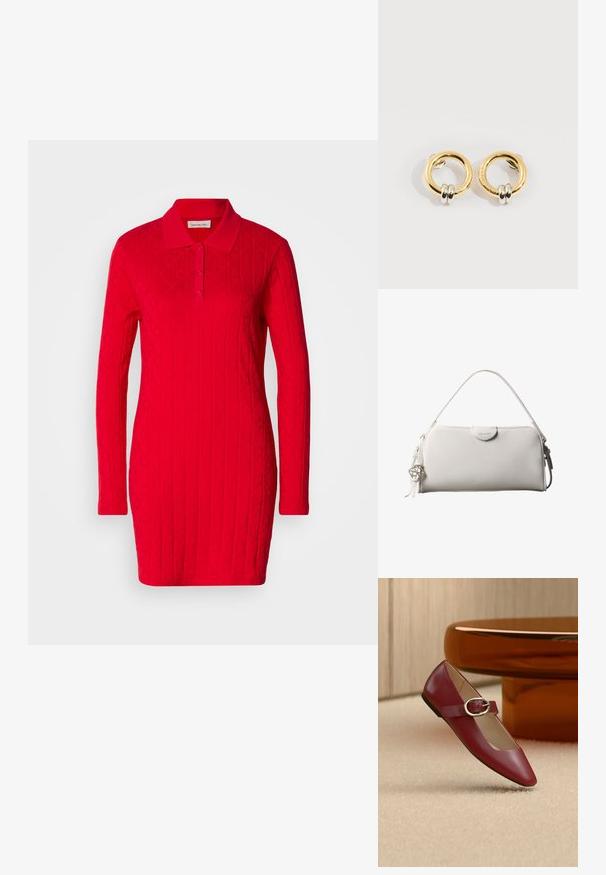 Vestido polo rojo con mangas largas, patrón texturizado que presenta diamantes y corazones en relieve, y un collar clásico con cierre de botones.; Zapato plano Mary Jane de cuero rojo con una correa de hebilla plateada, exhibido sobre una alfombra beige cerca de una mesa redonda marrón.; Bolso rectangular blanco de Calvin Klein con un solo asa, diseño minimalista y borlas decorativas con un charm metálico geométrico en el lateral.; Pendientes circulares de oro con dos pequeños anillos de plata en cada uno, que muestran detalles sutiles del nombre de la marca grabado, colocados sobre un fondo blanco.