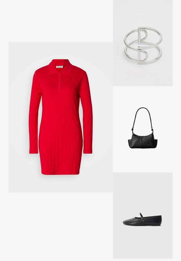 Vestido polo rojo con mangas largas, patrón texturizado que presenta diamantes y corazones en relieve, y un collar clásico con cierre de botones.; Bailarinas de cuero negro con punta afilada, suela plana y una pequeña correa con detalle de hebilla plateada.; Bolso de hombro de cuero negro con correa larga, bolsillos laterales y logo de Calvin Klein en relieve en la parte delantera.; Brazalete de metal plateado con un diseño de doble lazo, acabado liso y brillante, y un acento geométrico minimalista.
