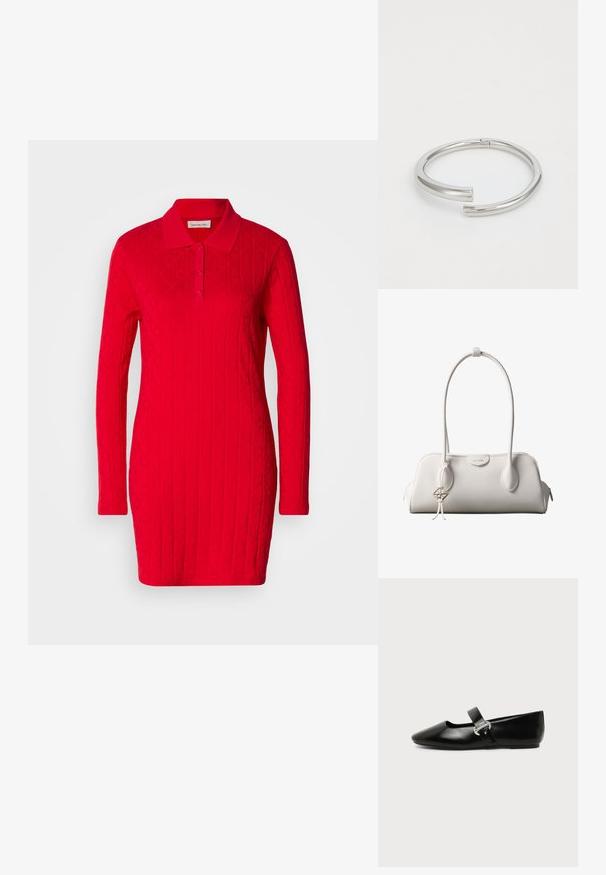 Rotes Polo-Kleid mit langen Ärmeln, strukturiertem Muster mit erhabenen Rauten und Herzen sowie einem klassischen Kragen mit Knopfverschluss.; Schwarzer Ledermary-Jane-Flachschuh mit abgerundetem Zehenbereich und silberner Schnalle auf einfachem Hintergrund.; Weiße Calvin Klein Schultertasche mit langen Griffen, rechteckiger Form, Reißverschluss und dekorativem Logo-Anhänger, der in der Nähe des Griffs hängt.; Calvin Klein SPIRAL - Armband - silver-coloured