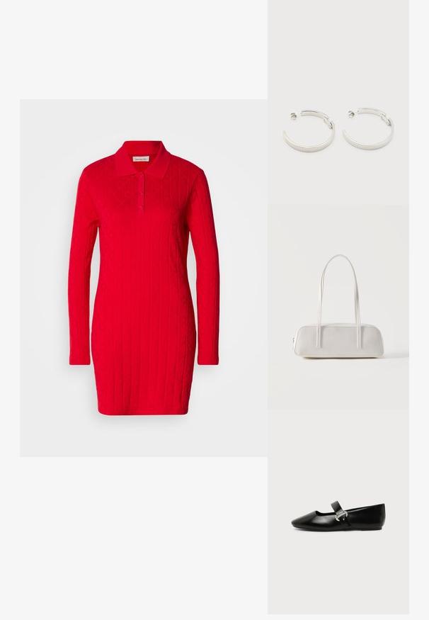 Rotes Polo-Kleid mit langen Ärmeln, strukturiertem Muster mit erhabenen Rauten und Herzen sowie einem klassischen Kragen mit Knopfverschluss.; Schwarzer Ledermary-Jane-Flachschuh mit abgerundetem Zehenbereich und silberner Schnalle auf einfachem Hintergrund.; Weiße rechteckige Schultertasche mit langen dünnen Trägern, minimalen Nähten und Reißverschlussverschluss vor einem schlichten Hintergrund.; Ohrstecker in Silberoptik, halbkreisförmig mit geriffelter Textur und Steckverschlüssen, auf weißem Hintergrund.
