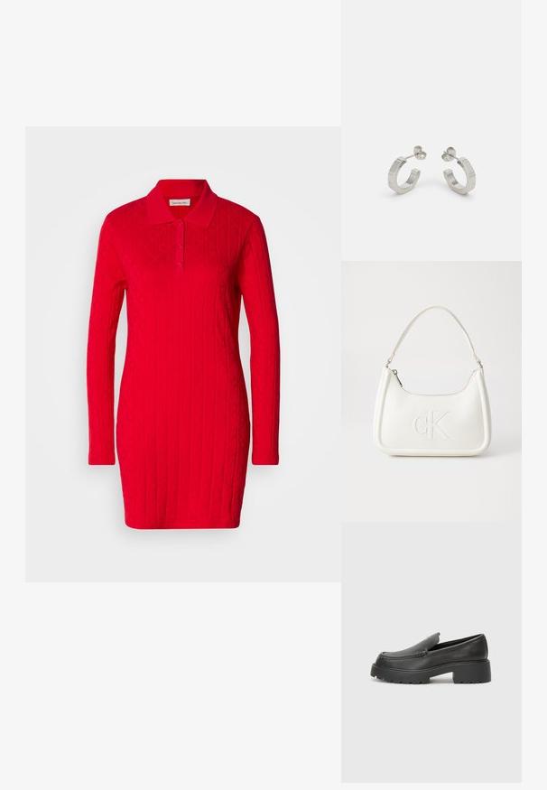 Vestido polo rojo con mangas largas, patrón texturizado que presenta diamantes y corazones en relieve, y un collar clásico con cierre de botones.; Mocasines de piel negra con punta redondeada, suela texturizada gruesa y mínimos detalles de costura. Diseño elegante sin cordones o herrajes visibles.; Bolso de mano de cuero blanco con forma curvada, con un logo "CK" en relieve en la parte delantera y una sola correa para el hombro. Cierre de cremallera en la parte superior.; Pendientes aros de metal plateado con un diseño texturizado, que cuentan con un pequeño respaldo de clip y una marca en uno de los aros. Forma redondeada con un acabado pulido.