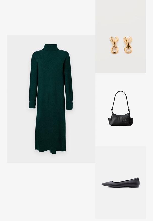 Robe turtleneck vert foncé, manches longues avec des poignets, coupe droite, tissu texturé, design longueur genou, style minimaliste.; Chaussure plate en cuir noire à bout pointu avec petit talon, vue de profil sur fond blanc.; Sac à bandoulière en cuir noir avec une longue sangle, des poches latérales et le logo Calvin Klein embossé sur le devant.; Paire de boucles d'oreilles créoles en bouclettes dorées brillantes sur fond blanc uni, présentant un design torsadé entrelacé.