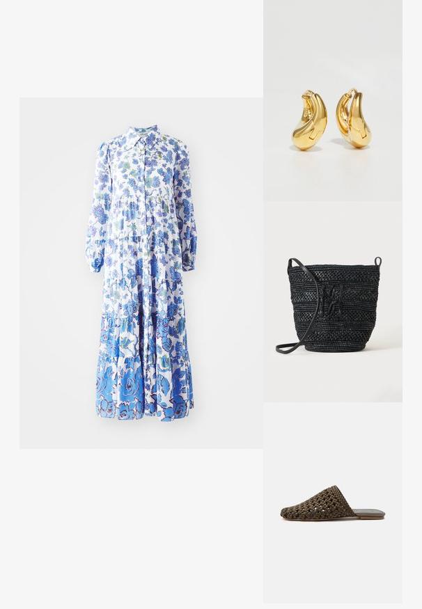 Blomstertrykt maxi kjole i lyseblå og hvid. Har knaplukning foran, lange puffærmer og lagdelt kant med forskellige mønstre.; Brun vævet slip-on mule med flad sål og lukket rundet tå på hvid baggrund.; Sort flettet bucket taske med lang rem og tekstureret mønsterdetalje på en ensfarvet baggrund.; Guldringeøreringe med en glat, buet form og poleret overflade. Udstyret med en lukkeanordning og lette fordybninger for detaljer.
