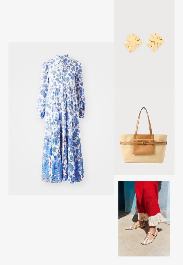 Vestido maxi de estampado floral en azul claro y blanco. Presenta una parte delantera con botones, mangas largas abullonadas y un dobladillo escalonado con patrones variados.; Pies con zapatos Mary Jane blancos de patrón de rejilla y pantalones rojos texturizados con flecos blancos, de pie sobre un suelo de hormigón iluminado por el sol.; Bolso tote grande tejido en beige con dos asas de cuero marrón, un bolsito frontal de cuero y una correa horizontal de cuero con detalle de nudo.; Pendientes de botón de metal tono dorado con formas cuadradas irregulares y onduladas, y una superficie brillante y texturizada sobre un fondo claro y liso.