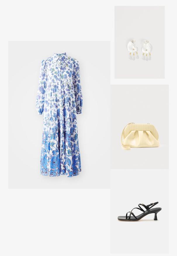 Maxi-jurk met bloemprint in lichtblauw en wit. Heeft een knoopsluiting aan de voorkant, lange pofmouwen en een gelaagde zoom met verschillende patronen.; Zwarte patenten leren sandalen met banden, een vierkante neus en een lage blokhak. Voorzien van goudkleurige hardware en verstelbare enkelsbandjes.; Crème-kleurige leren clutch met een gestructureerd bovenframe en polsbandje, weergegeven tegen een effen lichte achtergrond.; Duidelijke hars oorbellen in schelpvorm met kleine gouden accenten en drie hangende doorschijnende druppelvormige bedels aan elk oorbel.