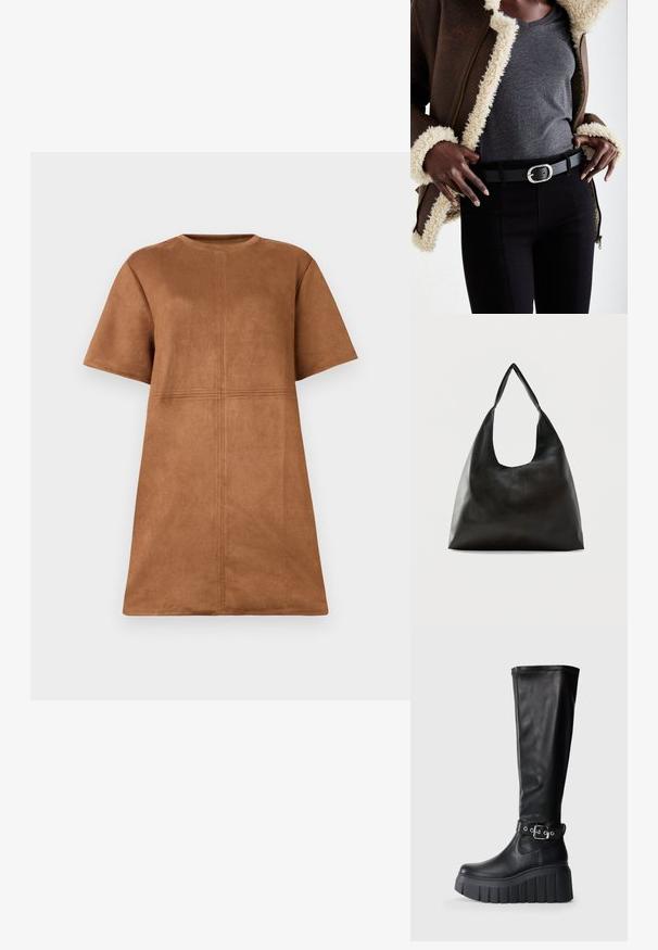 Vestido corto de ante marrón con mangas cortas, escote de barco y detalles de costura vertical y horizontal en el frente.; Botas negras hasta la rodilla de cuero suave, con una suela de plataforma gruesa, un tacón robusto y un detalle de cinturón ajustable cerca del tobillo.; Bolso de hombro de cuero negro liso con una correa ancha y única y un diseño desenfadado y minimalista sobre un fondo sencillo.; Chaqueta de piel sintética marrón forrada de borrego, camiseta gris de cuello en V, cinturón negro con hebilla ovalada de plata, jeans negros ajustados, materiales texturizados y diseño en capas.
