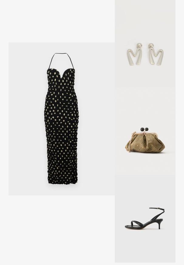 Nanushka HAYLEN - Gallakjole - polka; Sort damesandal i læder med tynde remme, en tå-loop, ankelspænde og en mellemhøj stiletthæl på en neutral baggrund.; Lille clutch taske med gyldent og sort geometrisk mønster, guldfarvet metalramme, sort kuglelås og en kort guldkæde som rem.; Par sølvtonede metaleøreringe formet som den kantede bogstav M med runde fester på en hvid baggrund.
