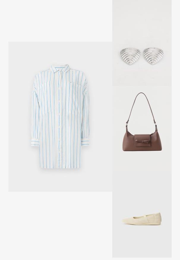 Weißes Hemd mit blauen vertikalen Streifen, langen Ärmeln, Knopfverschluss und zwei Brusttaschen. Hergestellt aus leichtem Stoff.; Beige Ballerinas aus glattem Leder mit mandelförmiger Zehenpartie und elastischem Riemen über dem Fußrücken, ausgestattet mit dezenten Nähtelementen.; Braune Leder-Umhängetasche mit einer vorderen Klappentasche, die ein gestepptes Schleifendetail und einen verstellbaren Riemen aufweist.; Ohrringe in Silberoptik mit einem wellenförmigen, strukturierten Design, das wie überlappende Halbmonden geformt ist; die polierte Oberfläche verstärkt die reflektierenden Eigenschaften.