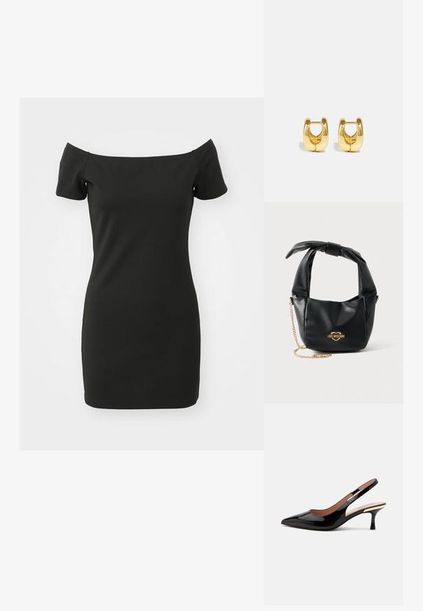 Sorte off-the-shoulder kjole lavet af strækbart materiale, med korte ærmer og en tætsiddende silhuet. Glat tekstur uden mønstre.; Sort laklæder slingback pumpe med spids tå og lav kitten hæl på en ens hvid baggrund.; Sort blød læder Love Moschino håndtaske med knyttet håndtag og guldkæde-strop på hvid baggrund.; Guld hoops øreringe med et slankt, afrundet design. Har en hul midte og en blank overflade, der komplementerer moderne stilarter.