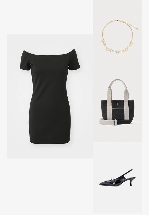 Zwarte off-shoulder jurk van rekbaar materiaal, met kortere mouwen en een aansluitende pasvorm. Soepele textuur zonder patronen.; Zwarte slingback kitten heel schoen van lakleer met puntige neus en zilveren gespsluiting op een effen witte achtergrond.; Zwarte canvas tas met brede witte hengsels en een afneembare lange riem, voorzien van een voorvak en een kleine ronde metalen knop.; Gouden ketting met afwisselend witte parels en heldere kristallen bloemclusters, met een verstelbare sluiting en een kleine sterbedel.