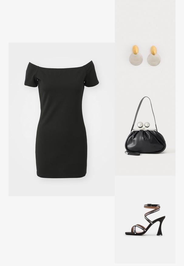 Zwarte off-shoulder jurk van rekbaar materiaal, met kortere mouwen en een aansluitende pasvorm. Soepele textuur zonder patronen.; Zwarte hoge hakken sandaal met spiraal enkelband, versierd met vierkante metalen accenten, open teen en een slank, gebogen hakontwerp.; Zwarte leren handtas met een geplooid ontwerp, een enkele schouderband, zilverkleurige metalen omlijsting en twee grote ronde zilveren sluitingen.; Gouden en zilveren metalen oorbellen met een ronde schijfbasis en een ovale bovenstuk, gladde textuur en gepolijste afwerking.