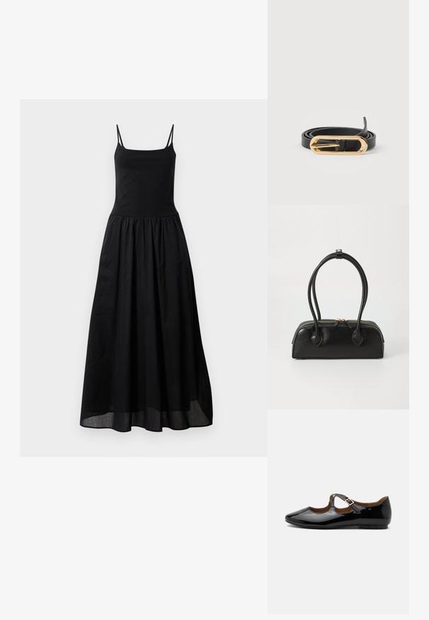 Vestido maxi negro con tirantes finos, cuerpo ajustado y falda acampanada y fluida hecha de una tela suave. El dobladillo presenta una superposición transparente.; Zapato plano Mary Jane de charol negro con dos recortes y una correa con hebilla dorada sobre fondo blanco.; Bolso de mano de cuero negro con dos asas alargadas, cierre de cremallera y forma redondeada; textura suave con un acabado ligeramente brillante.; Cinturón de cuero negro enrollado con una hebilla alargada de forma ovalada y brillante color dorado sobre un fondo blanco.