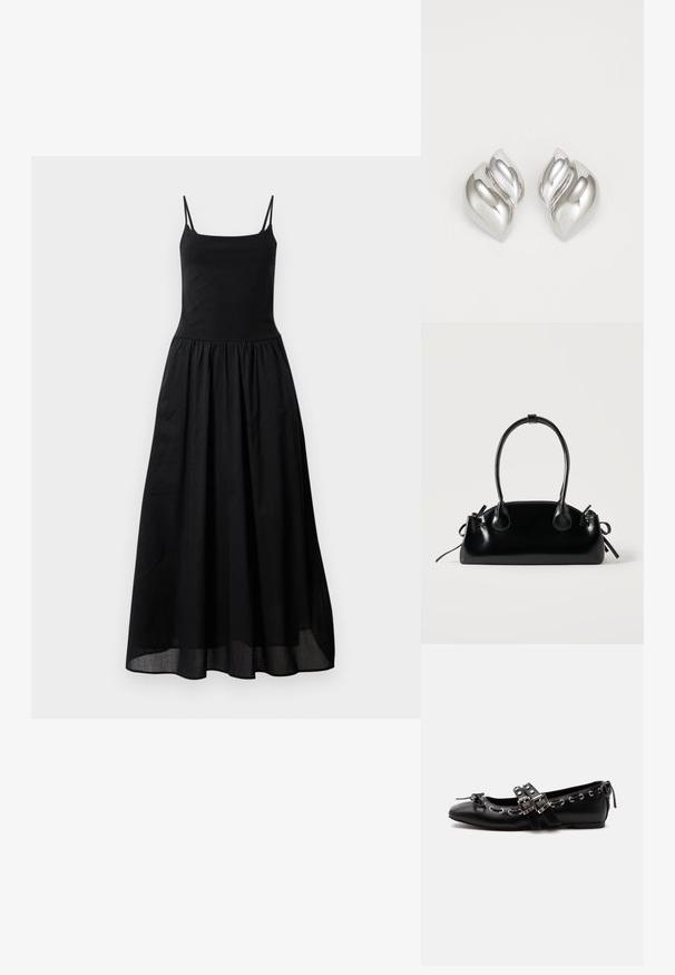 Vestido maxi negro con tirantes finos, cuerpo ajustado y falda acampanada y fluida hecha de una tela suave. El dobladillo presenta una superposición transparente.; Zapato de ballet plano negro con correas de doble hebilla, ojales plateados y un pequeño lazo cerca de la puntera redondeada sobre un fondo blanco.; Pequeño bolso negro brillante con dos asas largas y detalles de cordón lateral sobre un fondo claro liso.; Pendientes de plata con una forma orgánica y abstracta. Superficie lisa y brillante con un diseño cónico. Presentan suaves curvas y un detalle de línea central.