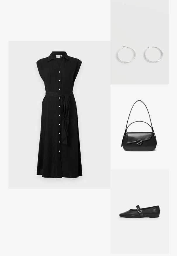 Robe midi noire sans manches avec col, boutons blancs sur le devant et ceinture en tissu assorti nouée à la taille.; Chaussure plate en cuir noir avec un bout arrondi, une seule sangle réglable à boucle et une texture lisse et brillante. Design minimaliste avec un petit talon.; Sac à bandoulière en cuir noir avec un rabat incurvé fermé par un fermoir métallique rond et une sangle fine et ajustable.; Boucles d’oreilles créoles en métal argenté avec une surface lisse légèrement incurvée et des fermoirs à clapet sur un fond blanc uni.