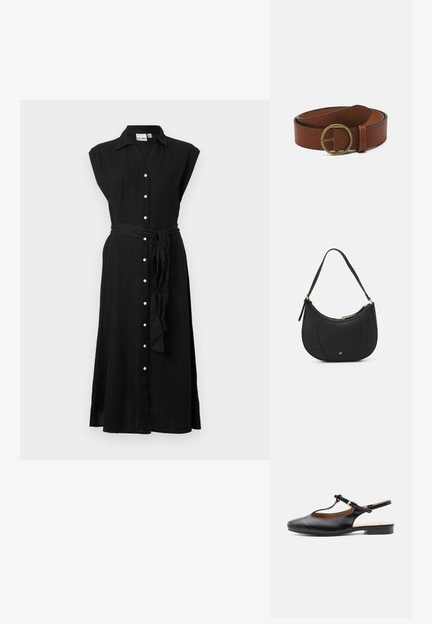 Robe midi noire sans manches avec col, boutons blancs sur le devant et ceinture en tissu assorti nouée à la taille.; Chaussure plate slingback en cuir noir avec bride en T et boucle dorée sur fond neutre.; Sac à main en cuir noir avec une forme courbée, surface texturée, coutures avant et un logo doré. Il est doté d'une seule sangle ajustable.; Ceinture en cuir marron avec une boucle en laiton ronde, présentant une texture lisse et des coutures contrastées le long des bords.