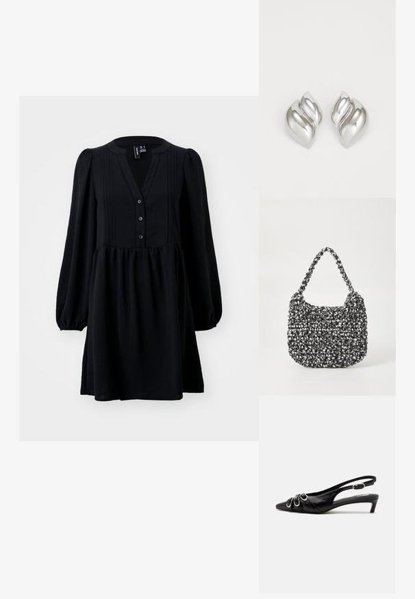 Schwarzes Kleid mit langen Puffärmeln, V-Ausschnitt, Knopfleiste, gefälteltem Oberteil und einem gerafften Rock. Aus leichtem Stoff gefertigt.; Schwarzer Lederslingback mit spitzer Spitze, drei silbernen Schnallen vorne und niedrigem Kittenabsatz auf weißem Hintergrund.; Gewebte Handtasche in Schwarz und Weiß mit runder Form, strukturiertem Oberflächenfinish und geflochtener Grifffläche. Geeignet für den lässigen Gebrauch.; Silberne Ohrringe mit einer organischen, abstrakten Form. Glatte, glänzende Oberfläche mit einem konischen Design. Mit dezenten Kurven und einem zentralen Linienelement.