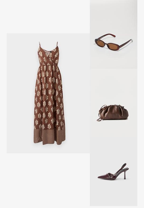 Vestido maxi marrón con tirantes finos, que presenta patrones de hojas beige y un acento en zigzag en el dobladillo. Hecho de tela ligera.; Zapato de tacón slingback de charol burdeos con puntera puntiaguda, fina correa en el tobillo y pequeño detalle decorativo de hebilla. Textura suave y tacón alto.; Gafas de sol redondas con tinte marrón y un marco burdeos brillante. Patillas delgadas con un sutil detalle de marca. Diseño de lentes planos.; Bolso tipo bolsa de cuero marrón suave con parte superior fruncida y asa delgada, apoyado sobre un fondo blanco.