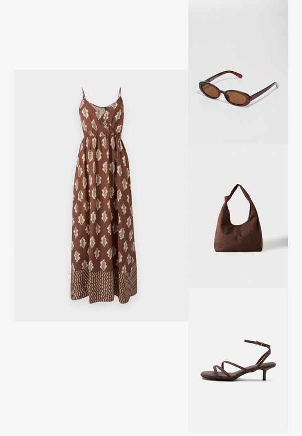 Vestido maxi marrón con tirantes finos, que presenta patrones de hojas beige y un acento en zigzag en el dobladillo. Hecho de tela ligera.; Sandalia marrón de tacón alto con tiras finas cruzadas y una correa en el tobillo con una hebilla plateada sobre un fondo blanco.; Gafas de sol redondas con tinte marrón y un marco burdeos brillante. Patillas delgadas con un sutil detalle de marca. Diseño de lentes planos.; Bolso de tela marrón con textura y un solo asa atada en un nudo, mostrado sobre un fondo claro y liso.