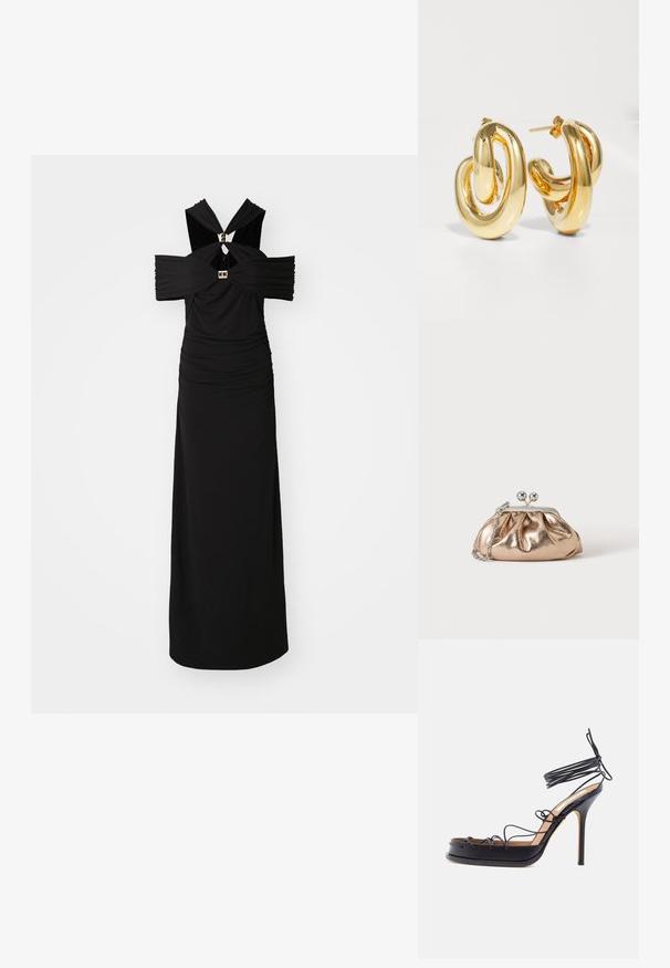 Hervé Léger THE ELLE GOWN - Ένδυση για ειδικές περιστάσεις - black; Μαύρο ψηλοτάκουνο σανδάλι με λεπτά δερμάτινα λουράκια που τυλίγονται γύρω από το πόδι και τον αστράγαλο, με αιχμηρή στιλέτο φτέρνα.; Μικρό χρυσό μεταλλικό τσαντάκι φάκελος με ασημένιο κούμπωμα και αλυσίδα σε απλό φωτεινό φόντο.; Charlotte Chesnais BO INITIAL BLOW - Σκουλαρίκια - gold-coloured