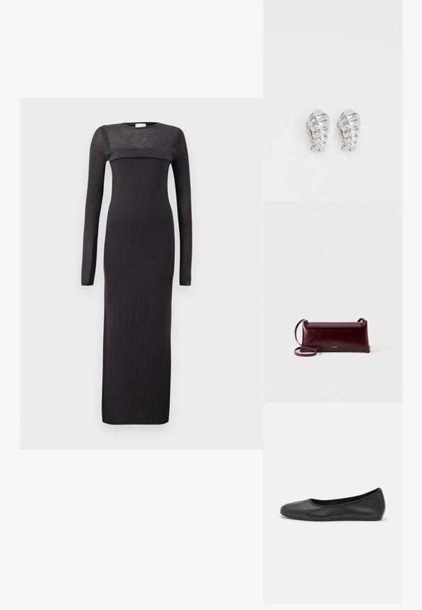 Robe noire à manches longues avec une coupe ajustée, col rond et un panneau transparent horizontal sur la poitrine. Matière douce et légère.; Ballerines en cuir noir avec un bout rond, texture lisse, détails de couture minimalistes et design de semelle flexible.; Sac à bandoulière en cuir bordeaux avec une texture lisse, de forme rectangulaire, fermeture à rabat et une fine sangle réglable. Détail du logo doré visible.; Boucles d'oreilles en clip argentées avec un design en spirale, présentant une texture métallique lisse et des formes arrondies. Pas d'embellissements ou de motifs visibles.