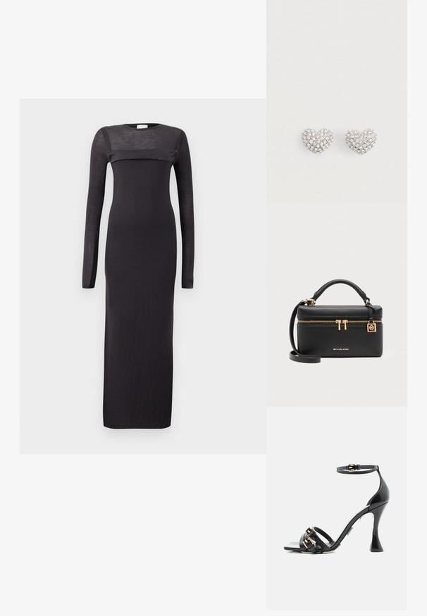 Robe noire à manches longues avec une coupe ajustée, col rond et un panneau transparent horizontal sur la poitrine. Matière douce et légère.; Sandale à talon haut en cuir verni noir avec bride à la cheville et deux brides frontales agrémentées de détails de boucles dorées, vue de profil sur fond blanc.; Sac à main rectangulaire noir Michael Kors avec poignée supérieure, fermeture éclair dorée et logo, et bandoulière détachable sur fond gris.; Une paire de boucles d'oreilles en argent en forme de cœur, ornées de petites cristaux transparents sur un fond blanc uni.