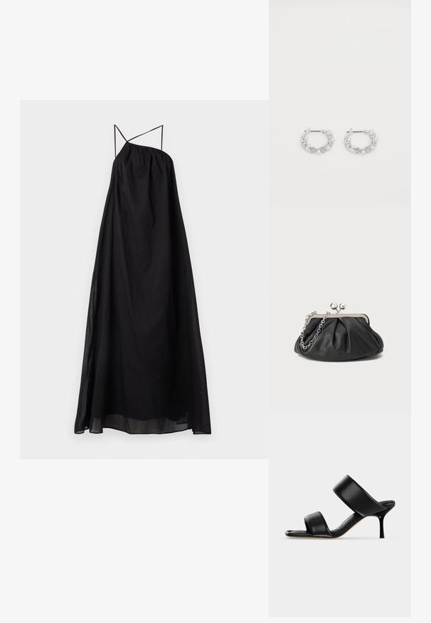Zwarte maxi-jurk met een vloeiende silhouette, gemaakt van lichtgewicht stof. Heeft kruislings gespen en een geplooide, elastische halslijn.; Zwarte leren mule sandaal met twee brede banden en een slanke, middelhoog stilettohak op een effen lichte achtergrond.; Zwarte leren clutch met geplooide textuur, zilverkleurig metalen frame, drukknopsluiting en kettingriem. Glad, zacht oppervlak.; Zilveren oorringen met parel- en kristalaccenten, met een gestructureerd oppervlak en een veilige postsluiting.