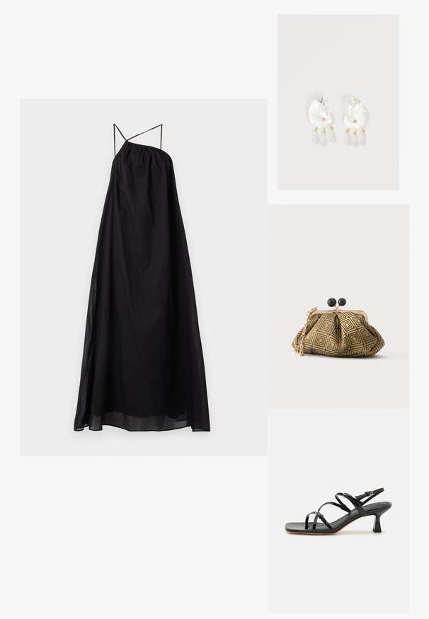 Robe maxi noire avec une silhouette fluide, faite d'un tissu léger. Présente des bretelles croisées et un col élastiqué froncé.; Sandales à strapes en cuir verni noir avec un bout carré et un petit talon carré. Présente des accessoires en métal doré et des brides de cheville réglables.; Petite pochette avec motif géométrique doré et noir, cadre en métal doré, fermeture à boule noire et une courte chaîne dorée.; Boucles d'oreilles en résine transparente en forme de coquillage avec de petits accents dorés et trois breloques translucides en forme de goutte pendantes sur chaque boucle d'oreille.