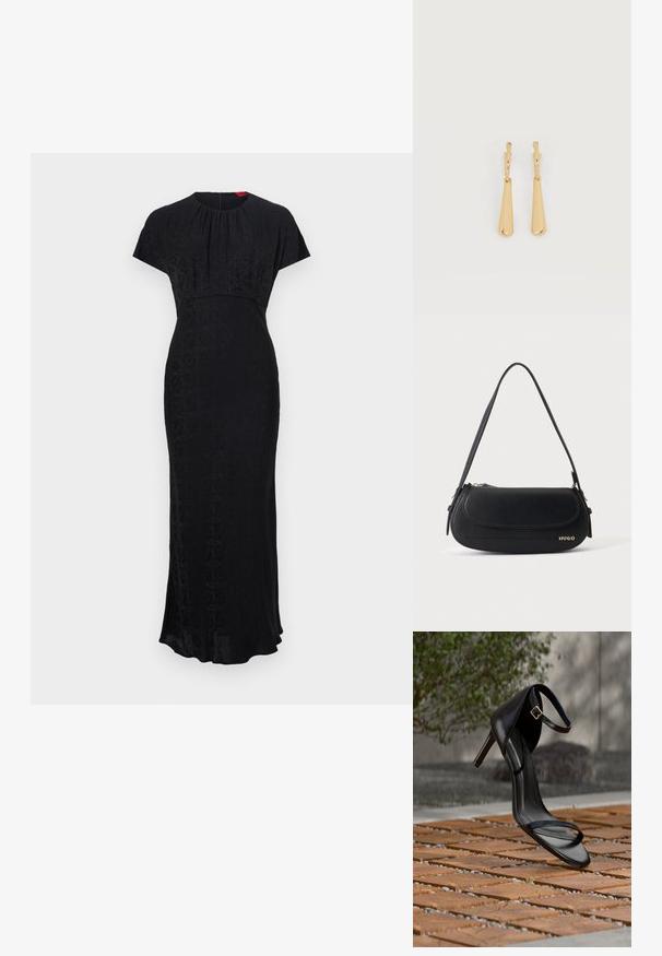 Robe longue noire à manches courtes, présentant un motif géométrique subtil, un col rond, une taille cintrée et un bas légèrement évasé.; Sandale noire à talon haut avec sangle à la cheville, suspendue au-dessus d'un sol en carreaux de bois à l'extérieur, avec un arrière-plan flou de verdure et de pierre.; Sac à épaule en cuir noir avec rabat incurvé, logo doré "HUGO" sur le devant, et une bandoulière réglable.; Boucles d'oreilles pendantes en ton or avec des pendentifs lisses en forme de goutte allongée suspendus à de petites attaches en forme d'anneau sur un fond blanc.