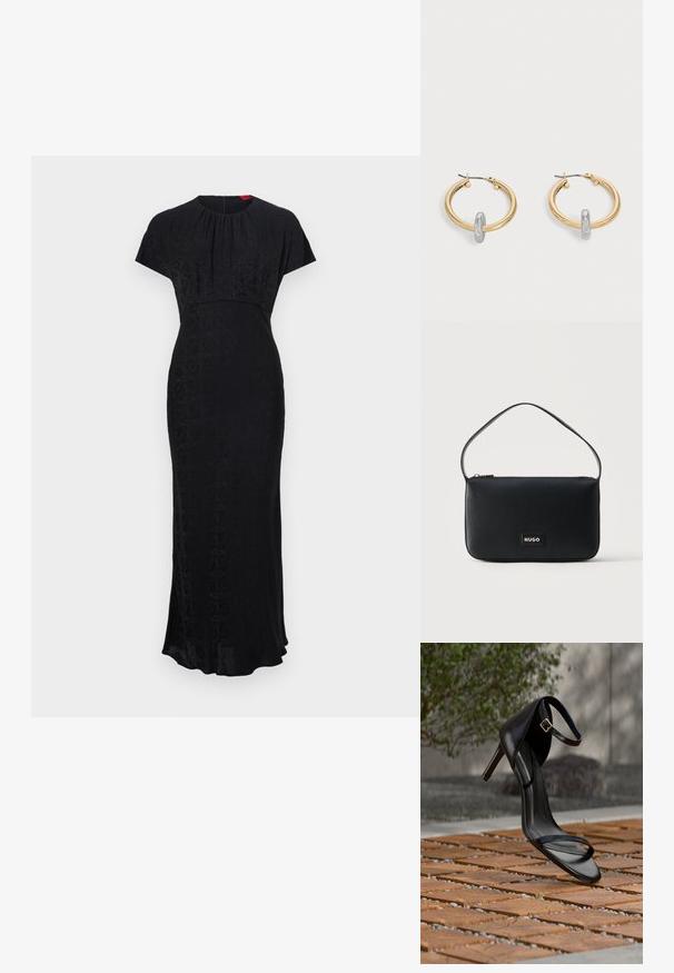 Robe longue noire à manches courtes, présentant un motif géométrique subtil, un col rond, une taille cintrée et un bas légèrement évasé.; Sandale noire à talon haut avec sangle à la cheville, suspendue au-dessus d'un sol en carreaux de bois à l'extérieur, avec un arrière-plan flou de verdure et de pierre.; Sac d'épaule rectangulaire en cuir noir avec une petite plaque logo "HUGO" en or et une seule fine bandoulière.; Paire de boucles d'oreilles créoles dorées avec un petit détail boucle ton argent sur chaque, exposées sur fond gris clair.