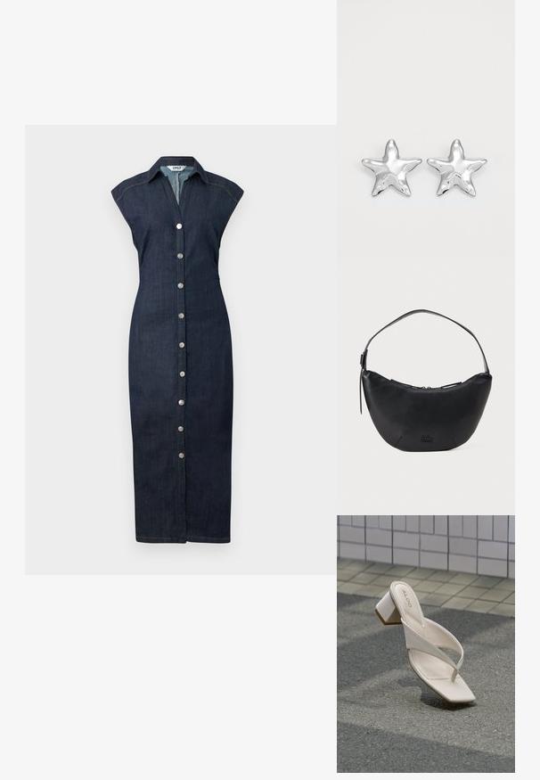 Denimkjole med knaplukning foran, krave, korte ærmer og tætsiddende silhuet, i en mørk vask med subtile stikninger.; Beige sandal med hæl, firkantet tå og krydsede remme på grå asfalt nær en flisebelagt væg.; Sort læder skuldertaske med en halvmåneform, der har lynlåslukning og en aftagelig rem. Lille logo prægede på forsiden.; Sølvstjernede øreringe med en poleret, blank overflade. Hver ørering har fem spidser og subtile teksturdetaljer på overfladen.