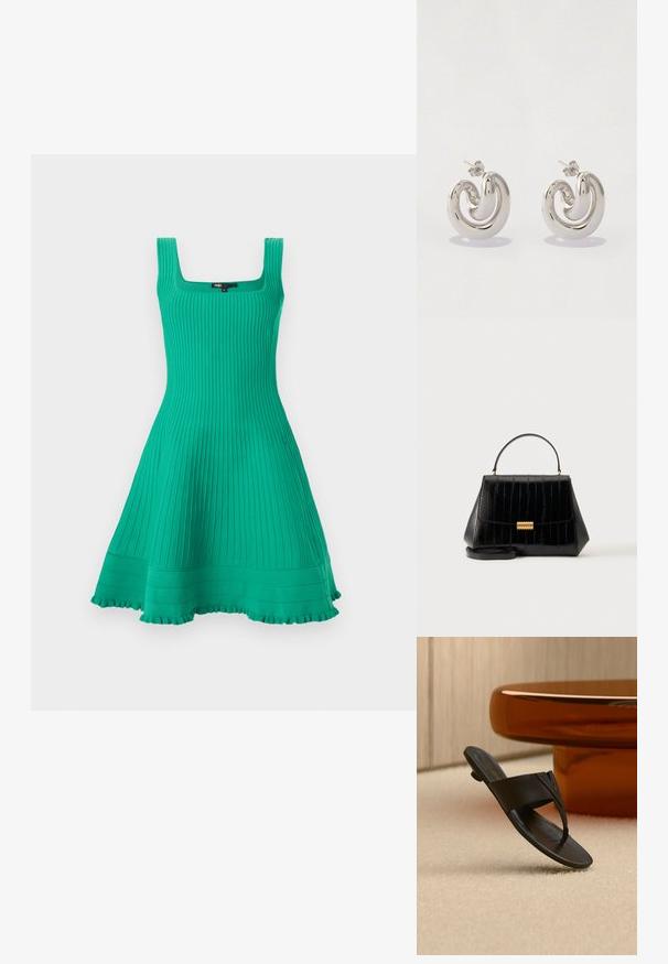Robe turquoise sans manches, longueur genou, en maille côtelée, avec un décolleté carré, un bustier ajusté, une jupe évasée et un ourlet à volants.; Sandale en cuir noir avec talon bas flottant au-dessus d'un tapis beige près d'une table ronde marron dans un cadre intérieur minimaliste.; Sac à main en cuir noir avec poignée supérieure, fermoir doré et bandoulière amovible sur un fond clair uni.; Boucles d'oreilles en métal argenté avec un design tourbillonnant, présentant des surfaces lisses et une finition polie, maintenues par un fermoir en papillon.