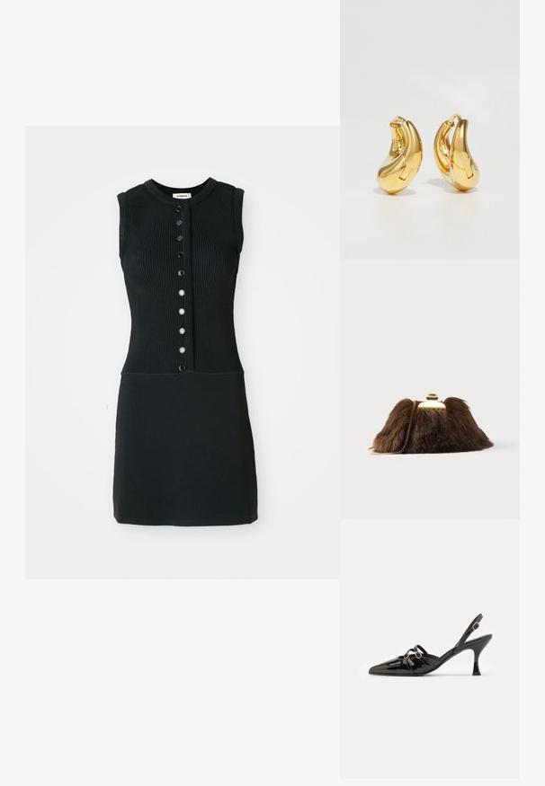 Vestido negro de punto acanalado sin mangas con cuello redondo, que presenta una abertura frontal con seis botones negros y una silueta ajustada.; ALOHAS JOELLE ONIX - Tacones - black; Bolso de mano de pelo sintético marrón con un cierre y cadena de color dorado. Textura suave, forma triangular y apariencia ligeramente esponjosa.; Pendientes de aro de oro con forma curva y suave, y acabado pulido. Presentan un mecanismo de cierre y ligeras indentaciones para un toque de detalle.