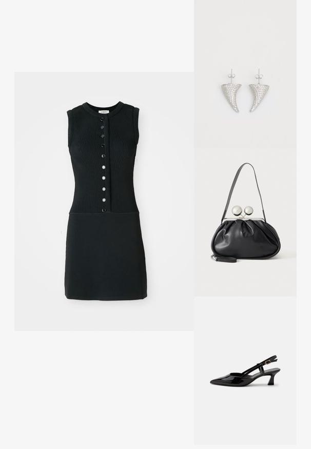Vestido negro de punto acanalado sin mangas con cuello redondo, que presenta una abertura frontal con seis botones negros y una silueta ajustada.; Zapato slingback de charol negro con tacón bajo, punta puntiaguda y correa ajustable con hebilla dorada sobre fondo blanco.; Bolso de mano de cuero negro con diseño fruncido, una sola correa, marco metálico plateado y dos cierres grandes redondos de plata.; Pendientes en forma de cuerno plateado, engastados con pequeñas piedras transparentes, que cuentan con un cierre trasero para su sujeción. Textura suave y acabado metálico.