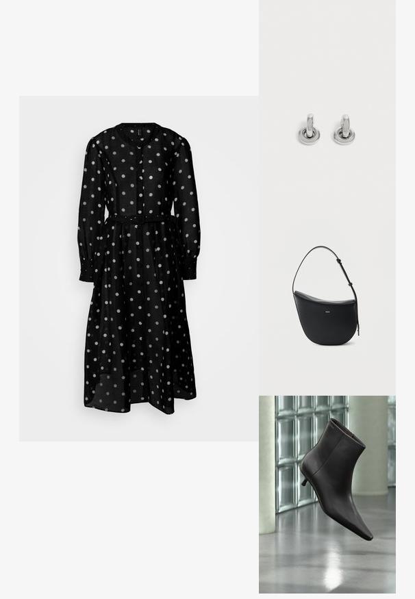 Robe noire à pois blancs en tissu transparent, dotée d'un devant boutonné, de manches longues, d'une taille ceinturée et d'une jupe fluide.; Bottine en cuir noir avec bout pointu et petit talon, présentée devant un mur en blocs de verre et un sol poli.; Sac à bandoulière en cuir noir en forme de demi-lune avec une bandoulière réglable et le logo doré « BOSS » centré sur le devant.; Paire de petites boucles d'oreilles créoles argentées brillantes avec une base ronde, présentées sur un fond clair uni.