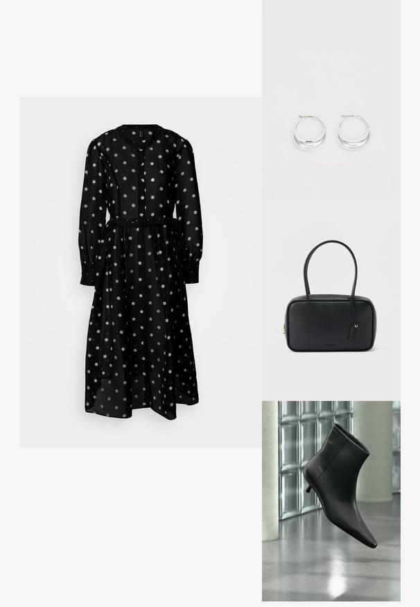 Robe noire à pois blancs en tissu transparent, dotée d'un devant boutonné, de manches longues, d'une taille ceinturée et d'une jupe fluide.; Bottine en cuir noir à bout pointu et petit talon kitten, présentée en angle devant un sol poli et un mur en blocs de verre.; Sac à main rectangulaire noir avec doubles poignées arrondies, fermeture éclair dorée et logo "HUGO" embossé sur le devant avec une étiquette en cuir attachée.; Boucles d'oreilles en argent avec une finition polie et un branding DKNY, présentées sur un fond blanc uni.