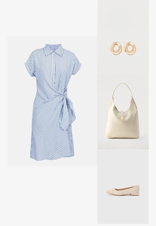 Robe à manches courtes rayée verticalement bleu et blanc, avec col, fermeture boutonnée devant et détail noué sur le côté à la taille.; Chaussure plate en cuir verni beige à bout pointu, avec un capuchon brillant contrastant à l'avant et un petit talon bloc rectangulaire.; Sac hobo en cuir couleur crème avec une seule bandoulière, texture lisse et un détail de fermoir doré à l'avant.; Paired boucles d'oreilles en métal doré poli de forme irrégulière avec un centre ouvert sur un fond blanc uni.
