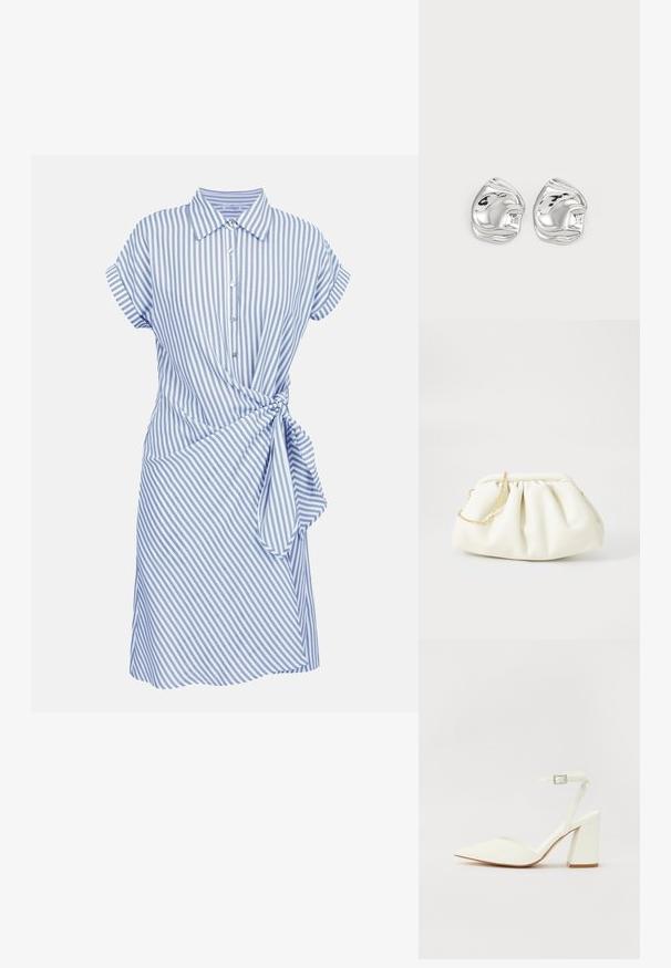 Robe à manches courtes rayée verticalement bleu et blanc, avec col, fermeture boutonnée devant et détail noué sur le côté à la taille.; Sandale blanche à talon avec un bout pointu, sangle de cheville réglable et un talon carré épais. Texture lisse avec des détails de couture minimaux.; Sac à main en cuir blanc avec un design plissé, doté d'une bandoulière en chaîne dorée et d'une forme arrondie. Texture lisse avec des plis doux et sans motifs.; Boucles d'oreilles en forme abstraite argentées avec une finition poli, présentant des courbes lisses et des contours subtils. Pas de motifs ou d'accents visibles.