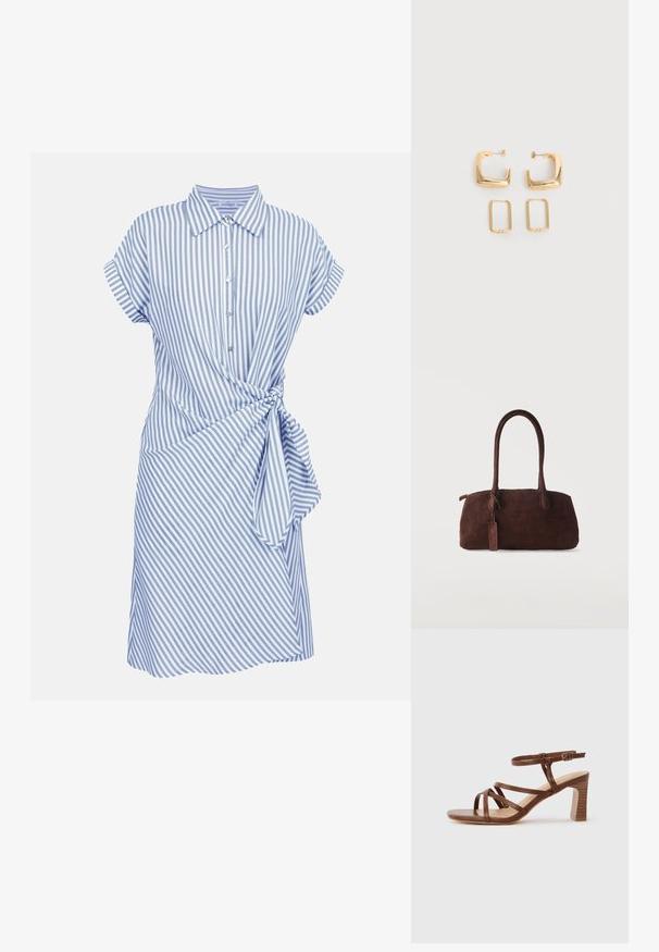 Robe à manches courtes rayée verticalement bleu et blanc, avec col, fermeture boutonnée devant et détail noué sur le côté à la taille.; Sandale en cuir marron à lanières avec un talon bloc et une boucle de cheville réglable sur un fond clair uni.; Sac à main en daim marron foncé avec deux longues anses et une petite étiquette attachée, sur un fond clair uni.; Deux paires de Boucles d'oreilles créoles géométriques dorées sur une surface blanche unie, une paire carrée et pleine, une paire rectangulaire et creuse.