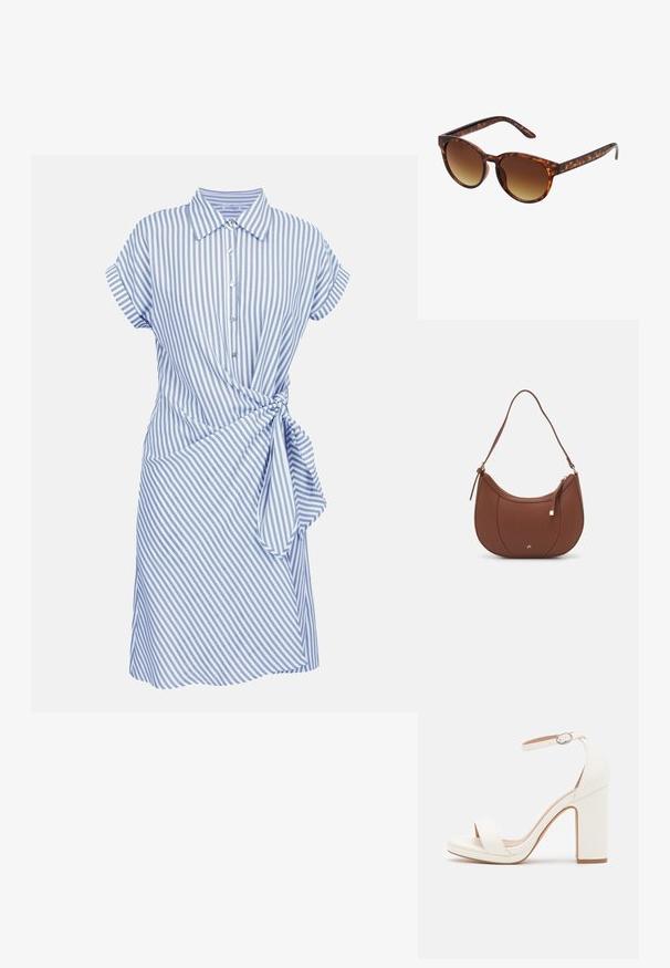 Robe à manches courtes rayée verticalement bleu et blanc, avec col, fermeture boutonnée devant et détail noué sur le côté à la taille.; Sandale à talon haut blanche avec une bride de cheville, design minimaliste, bout ouvert, talon carré et texture en cuir lisse.; Lunettes de soleil écaille de tortue avec une forme vintage œil de chat, verres dégradés marron et finition lisse et brillante sur les montures et les branches.; Sac à épaule en faux cuir brun, de forme arrondie, avec des coutures minimales et un accent en matériel doré. Il possède une fermeture zippée sur le dessus et une sangle réglable.