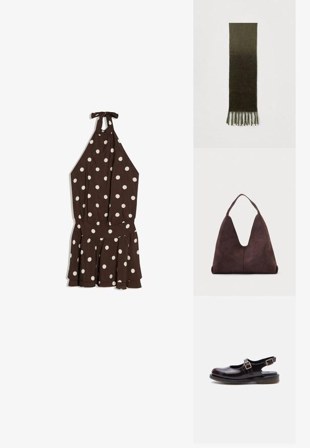 Robe marron à col licou avec des pois blancs, taille cintrée et ourlet à volants évasé.; Chaussure Mary Jane en cuir bordeaux foncé avec deux boucles réglables et une semelle en caoutchouc noir, présentée en profil latéral sur fond blanc.; Écharpe vert olive au design dégradé, avec une texture douce et des bords frangés. Forme longue et rectangulaire.; Grand sac à main en cuir marron avec une texture tissée et une seule bandoulière, présenté sur un fond clair uni.