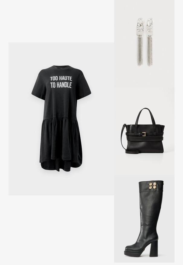 Vestido negro de camiseta con mangas cortas, dobladillo acampanado, falda fruncida y texto blanco "TOO HAUTE TO HANDLE" en la parte frontal. Tejido de algodón.; Bota de cuero negra hasta la rodilla con tacón grueso y suela de plataforma, que presenta cuatro botones decorativos dorados cerca del borde superior.; Bolso de mano de cuero negro con diseño estructurado, asas superiores dobles, correa desmontable y un acento de hebilla dorada en una banda horizontal.; Un par de pendientes de eslabones de cadena en tono plateado con logotipos rectangulares y múltiples cadenas colgantes en un fondo liso.