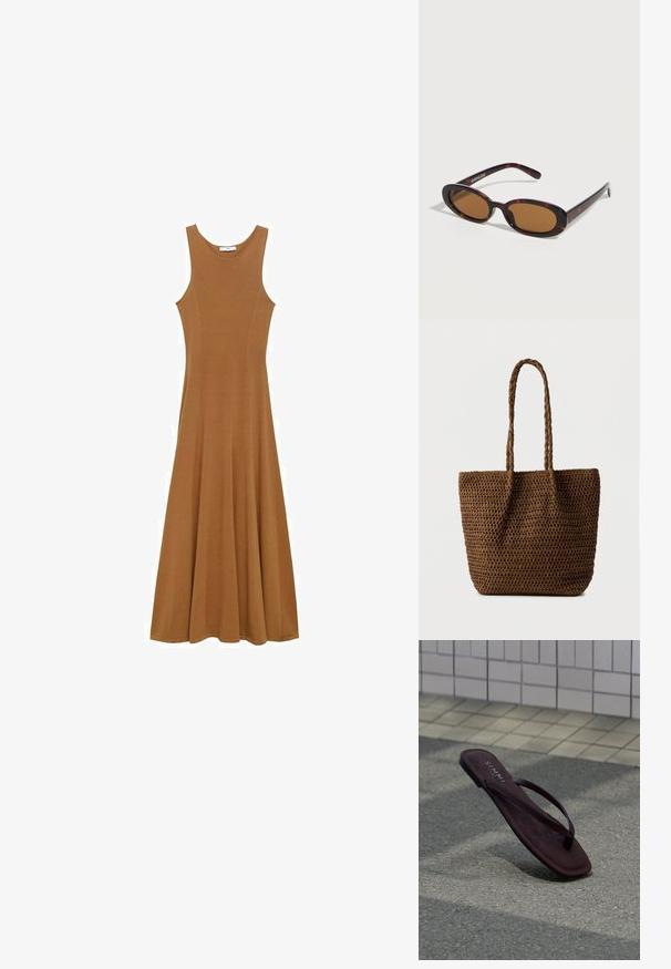 Vestido maxi sin mangas de color marrón, hecho de una tela suave, con un cuerpo ajustado y una falda acampanada. Diseño simple sin patrones ni acentos visibles.; Una única sandalia tipo chancla marrón oscuro, colocada verticalmente sobre una superficie pavimentada, con una pared de azulejos de color claro en el fondo.; Gafas de sol ovaladas con montura carey, lentes tintadas en marrón y varillas delgadas apoyadas sobre una superficie blanca.; Bolso tote marrón tejido con dos asas trenzadas, cuerpo rectangular y parte superior abierta, sobre un fondo liso y claro.