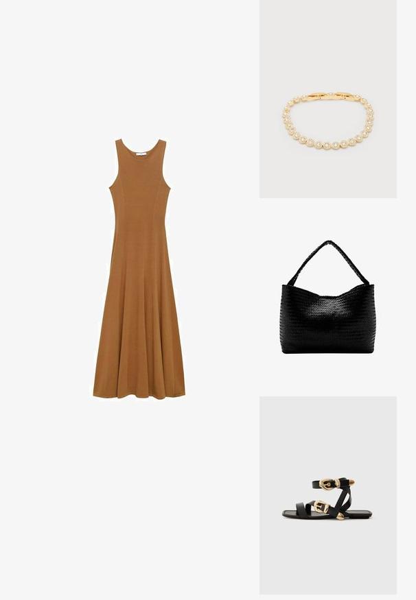 Robe longue sans manches marron en tissu doux, dotée d'un corsage ajusté et d'une jupe évasée. Design simple sans motifs ni accents visibles.; Sandales en cuir noir avec des accents de boucles dorées, présentant plusieurs brides et un design de semelle plate pour un port ouvert.; Sac à main tissé noir avec une anse unique tressée, forme rectangulaire et surface texturée brillante.; Bracelet chaîne en or avec maillons ronds ornés de cristaux disposés uniformément et une fermeture sur un fond clair uni.